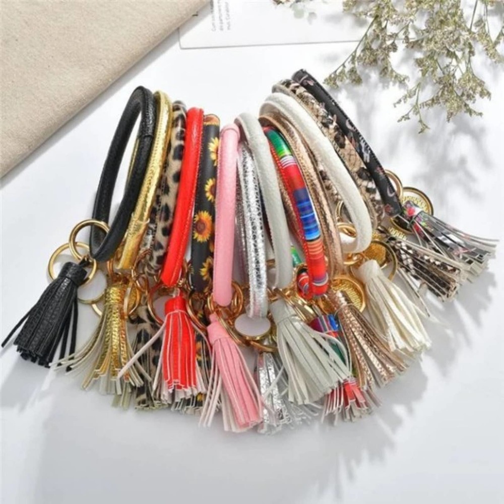 Pink Leopard Vegan Leather Tassel Bangle Keychain~~NWOT - Picture 4 of 5